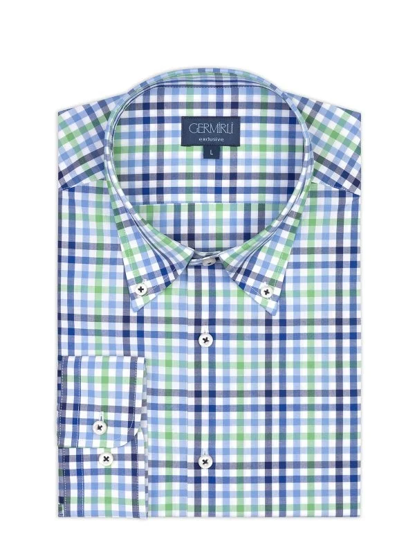 Germirli Lacivert Mavi Yeşil Ekoseli Tailor Fit Rahat Kalıp Düğmeli Yaka Saf Pamuk Exclusive Gömlek - 2