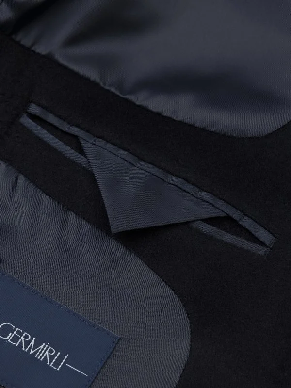 Germirli Lacivert Punto Dikişli Yünlü Palto - 6