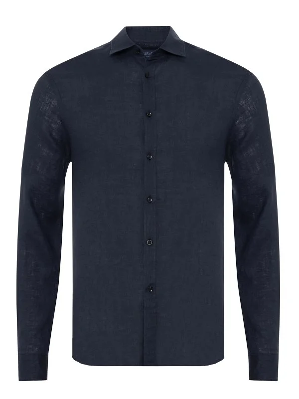 Germirli Lacivert Soft Yaka Tailor Fit Keten Gömlek - 1