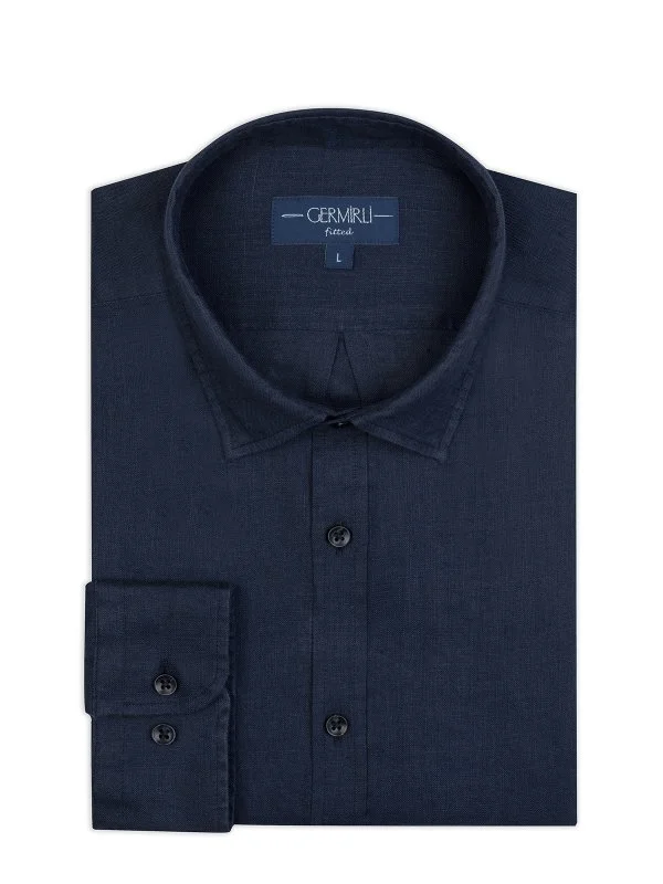Germirli Lacivert Soft Yaka Tailor Fit Keten Gömlek - 2