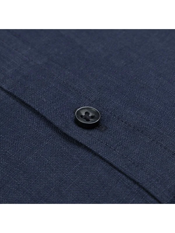 Germirli Lacivert Soft Yaka Tailor Fit Keten Gömlek - 3