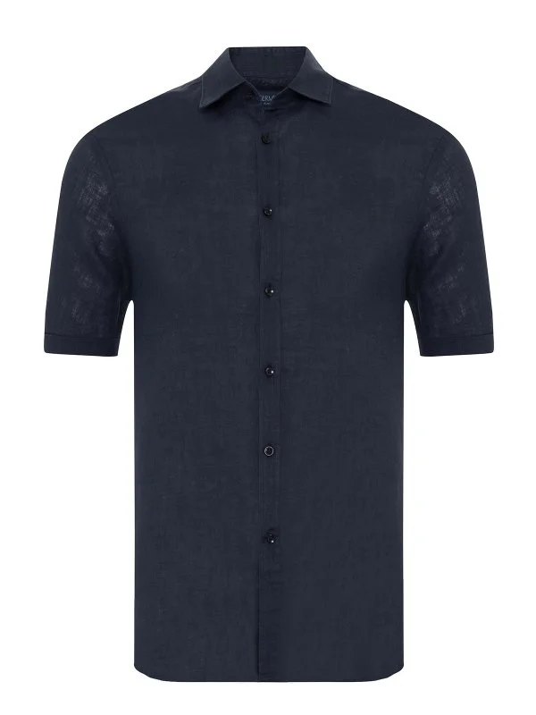 Germirli Lacivert Soft Yaka Tailor Fit Kısa Kol Keten Gömlek - 1