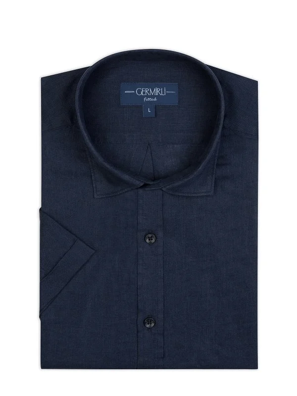 Germirli Lacivert Soft Yaka Tailor Fit Kısa Kol Keten Gömlek - 2