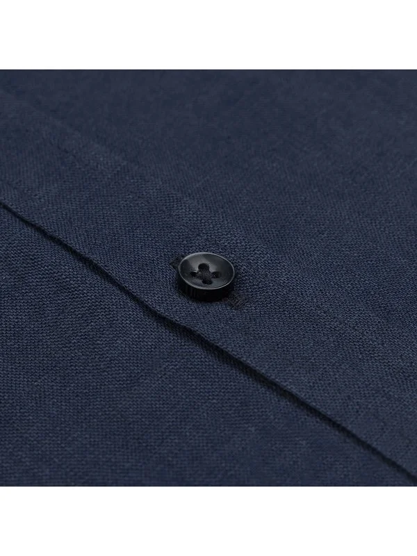 Germirli Lacivert Soft Yaka Tailor Fit Kısa Kol Keten Gömlek - 3