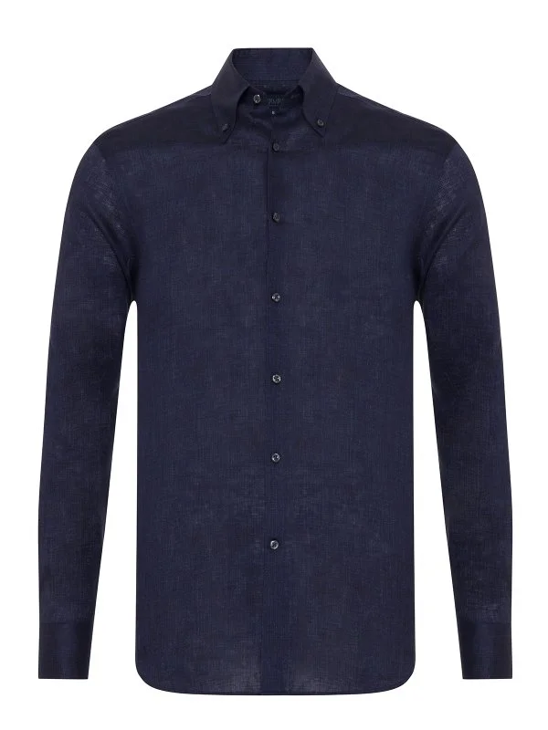 Germirli Lacivert Thomas Mason Non Iron Düğmeli Yaka Tailor Fit Keten Gömlek - 1