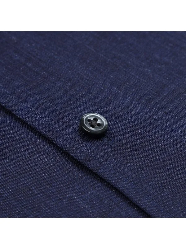 Germirli Lacivert Thomas Mason Non Iron Düğmeli Yaka Tailor Fit Keten Gömlek - 3