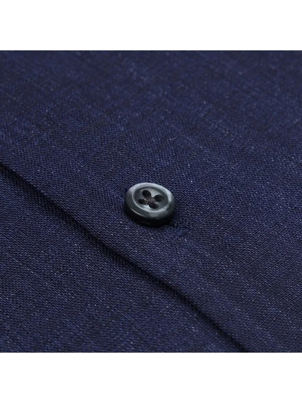 Germirli Lacivert Thomas Mason Non Iron Klasik Yaka Tailor Fit Keten Gömlek - 3