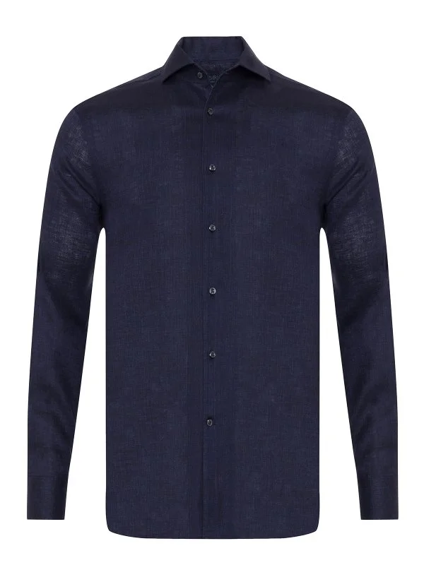 Germirli Lacivert Thomas Mason Non Iron Lapel Yaka Tailor Fit Keten Gömlek - 1