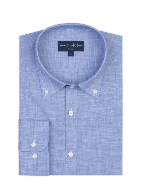 Germirli Mavi Albiate Düğmeli Yaka Tailor Fit İnce Pamuk Gömlek - 2
