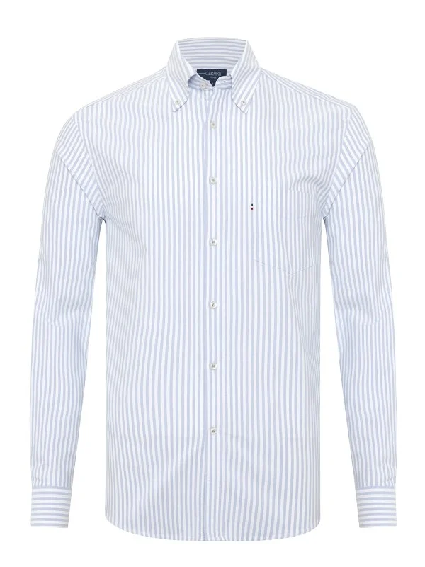 Germirli Mavi Beyaz Çizgili Düğmeli Yaka Cepli Tailor Fit Spor Oxford Gömlek - 1