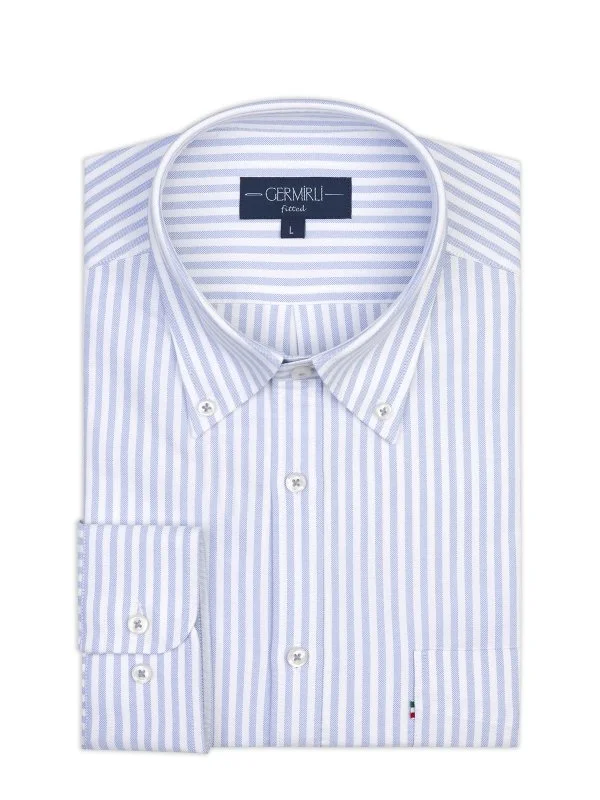 Germirli Mavi Beyaz Çizgili Düğmeli Yaka Cepli Tailor Fit Spor Oxford Gömlek - 2