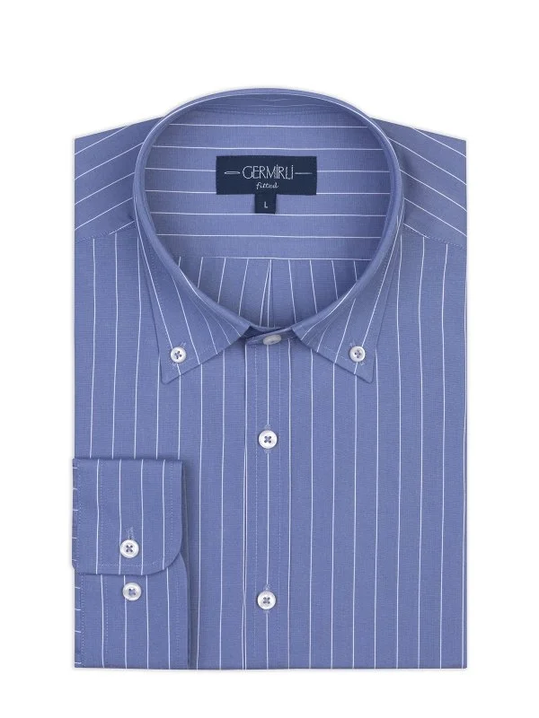 Germirli Mavi Beyaz Çizgili Düğmeli Yaka Tailor Fit Pamuk Gömlek - 2