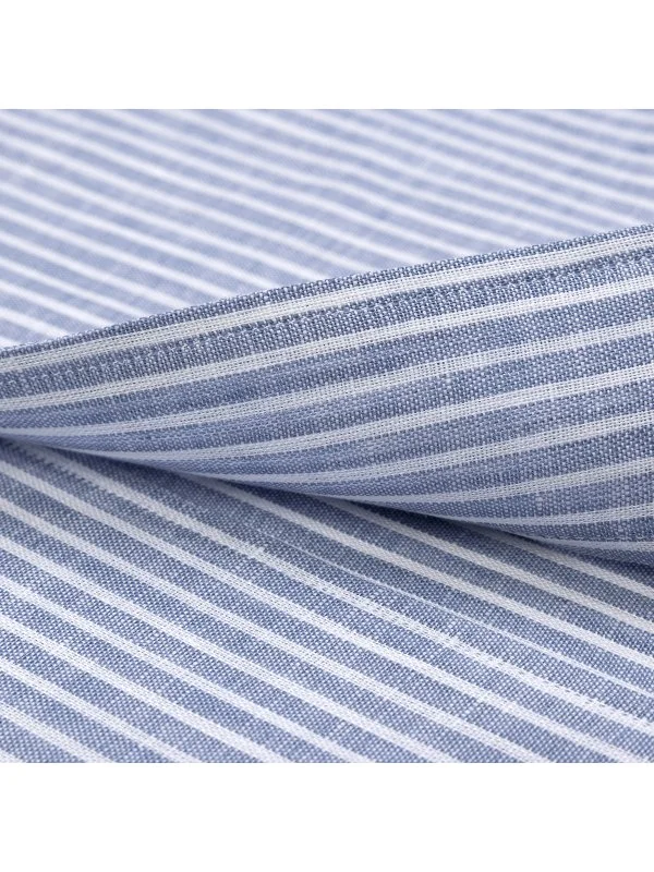 Germirli Mavi Beyaz Çizgili Nevapas Lapel Yaka Keten Gömlek - 4