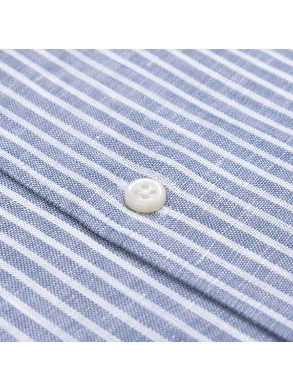 Germirli Mavi Beyaz Çizgili Nevapas Lapel Yaka Keten Gömlek - 3