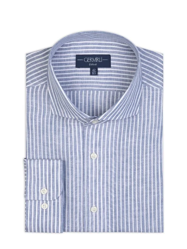 Germirli Mavi Beyaz Çizgili Nevapas Lapel Yaka Keten Gömlek - 2