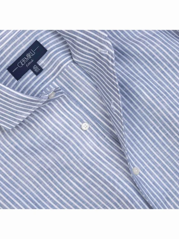Germirli Mavi Beyaz Çizgili Nevapas Lapel Yaka Keten Gömlek - 1