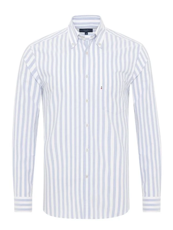 Germirli Mavi Beyaz Çizgili Tailor Fit Rahat Kalıp Düğmeli Yaka Spor Oxford Pamuk Gömlek - 1