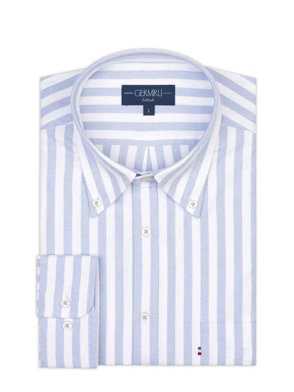 Germirli Mavi Beyaz Çizgili Tailor Fit Rahat Kalıp Düğmeli Yaka Spor Oxford Pamuk Gömlek - 2