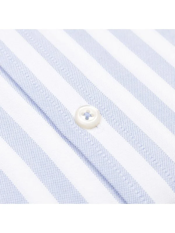 Germirli Mavi Beyaz Çizgili Tailor Fit Rahat Kalıp Düğmeli Yaka Spor Oxford Pamuk Gömlek - 3