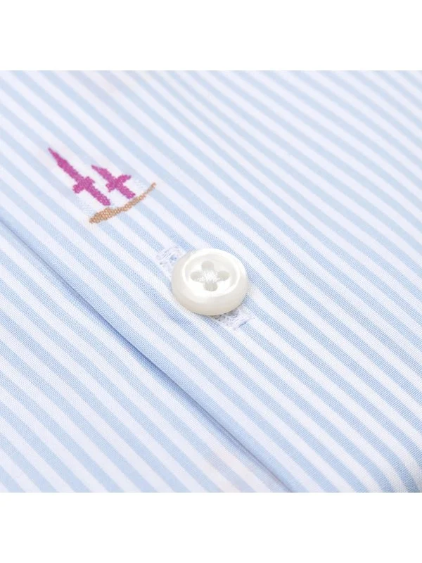 Germirli Mavi Beyaz Çizgili Yelken Nakışlı Düğmeli Yaka Tailor Fit Gömlek - 3
