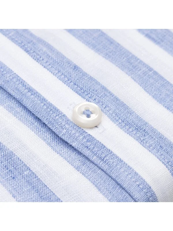 Germirli Mavi Beyaz Kalın Çizgili Düğmeli Yaka Tailor Fit Keten Gömlek - 3