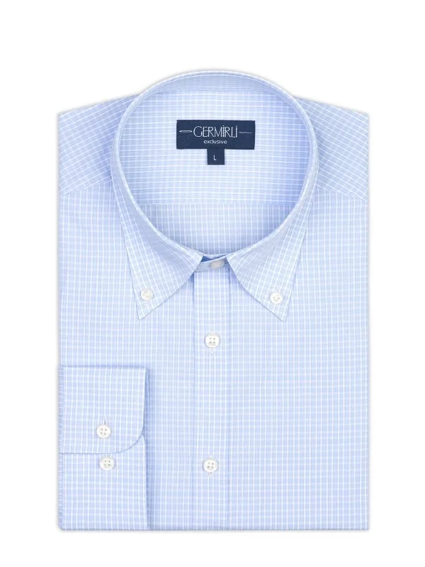 Germirli Mavi Beyaz Kareli Tailor Fit Rahat Kalıp Düğmeli Yaka Saf Pamuk Exclusive Gömlek - 2