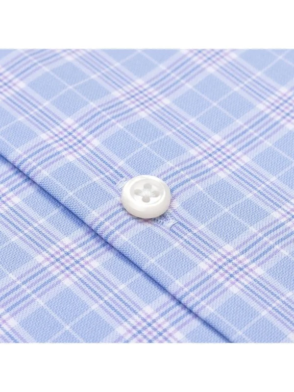 Germirli Mavi Beyaz Lila Kareli Düğmeli Yaka Tailor Fit Journey Twill Non Iron Pamuk Gömlek - 3