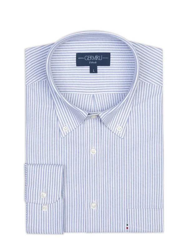 Germirli Mavi Çizgili Düğmeli Yaka Cepli Tailor Fit Spor Oxford Erkek Gömlek - 2