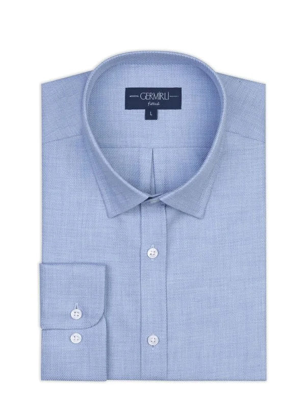 Germirli Mavi Diagonal Desen Flanel Tailor Fit Soft Yaka Pamuk Gömlek - 1