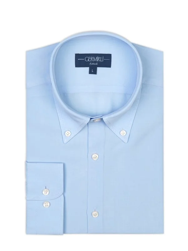 Germirli Mavi Düğmeli Yaka Tailor Fit Tencel Gömlek - 2