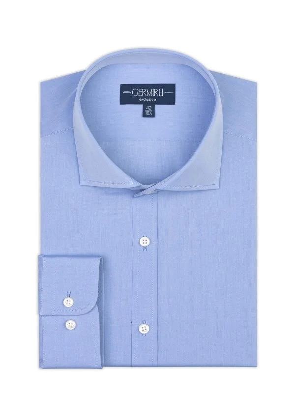 Germirli Mavi Düz Tailor Fit Rahat Kalıp İtalyan Yaka Saten Dokulu Pamuk Exclusive Gömlek - 2
