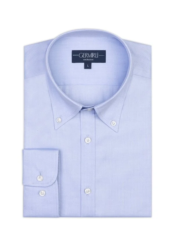 Germirli Mavi Exclusive Balıksırtı Doku Düğmeli Yaka Tailor Fit Pamuk Gömlek - 2