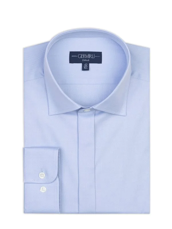 Germirli Mavi Gizli Pat Tailor Fit Klasik Yaka Pamuk Elastan Gömlek - 1