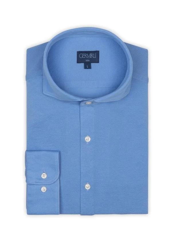 Germirli Mavi Italyan Yaka Örme Slim Fit Gömlek - 2