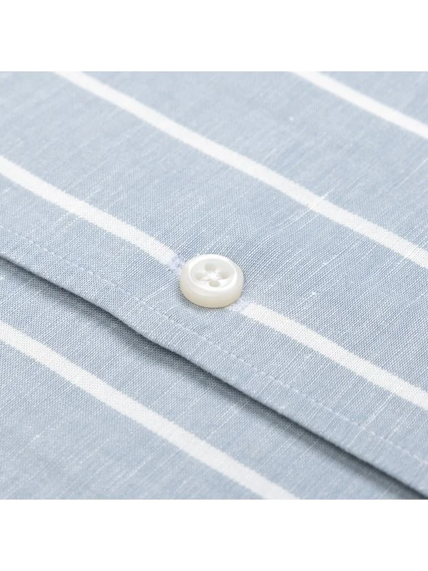 Germirli Mavi Kalın Çizgili Nevapas Lapel Yaka Lyocell Keten Gömlek - 3