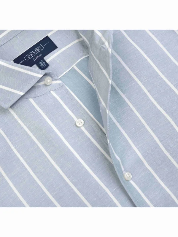 Germirli Mavi Kalın Çizgili Nevapas Lapel Yaka Lyocell Keten Gömlek - 1