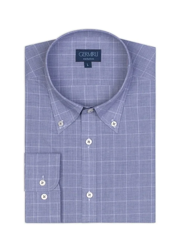 Germirli Mavi Kareli Düğmeli Yaka Tailor Fit Exclusive Gömlek - 2