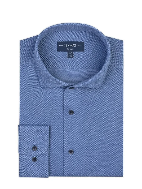 Germirli Mavi Örme Kumaş Lapel Yaka Tailor Fit Pamuk Gömlek - 3