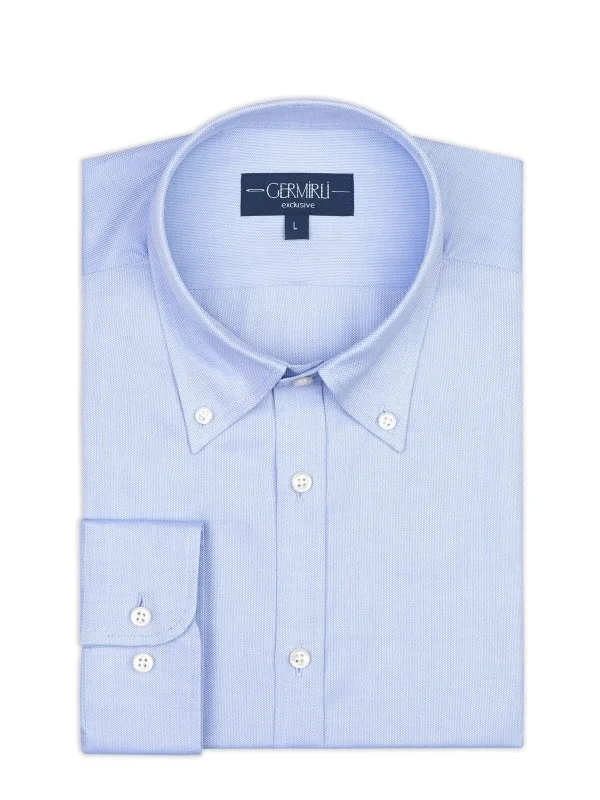 Germirli Mavi Petek Dokulu Tailor Fit Rahat Kalıp Düğmeli Yaka Pamuk Exclusive Gömlek - 2