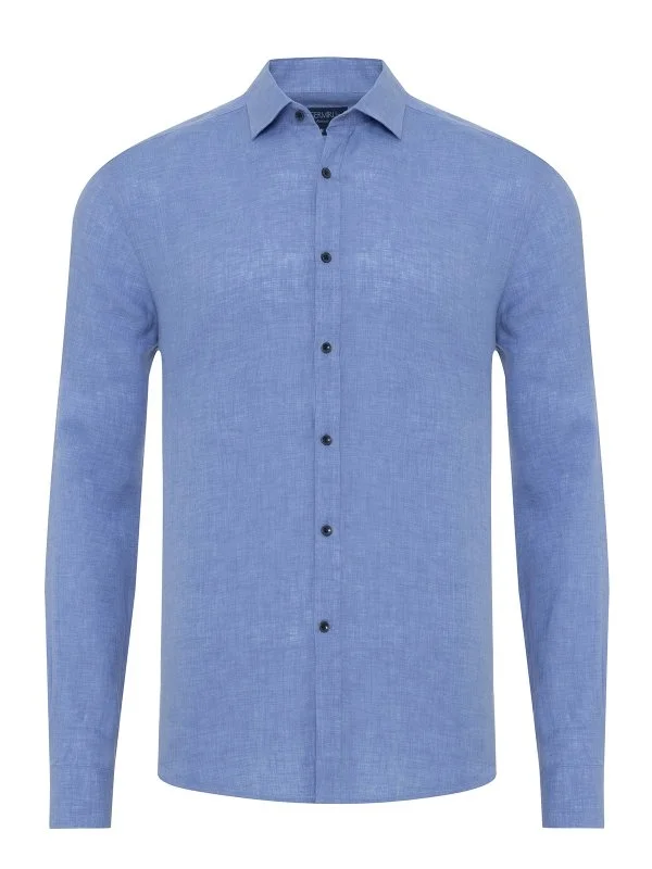 Germirli Mavi Soft Yaka Tailor Fit Keten Gömlek - 1