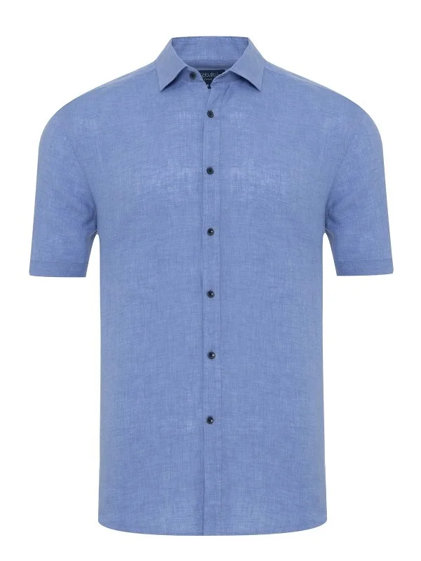 Germirli Mavi Soft Yaka Tailor Fit Kısa Kol Keten Gömlek - 1