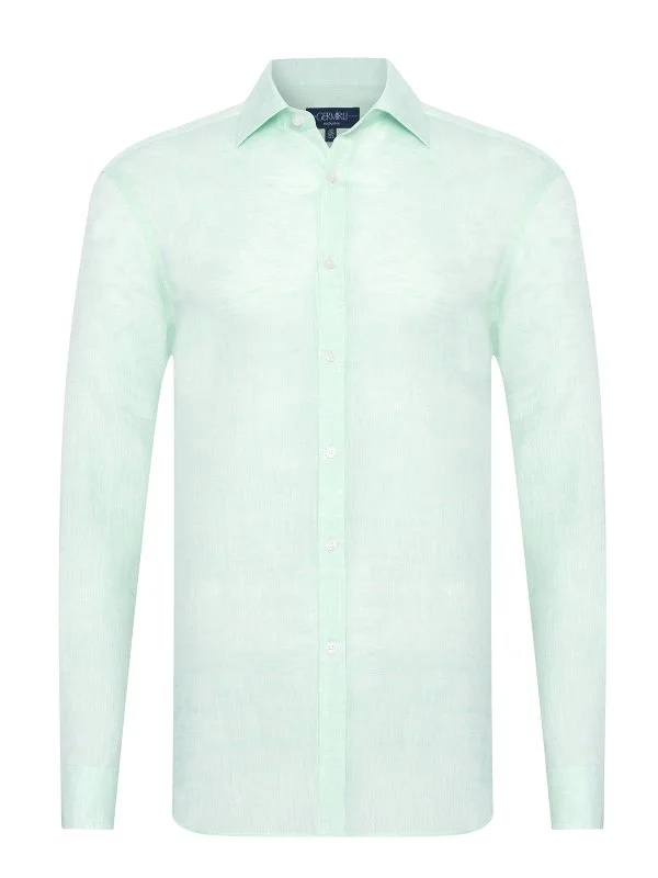 Germirli Mint Yeşili Soft Yaka Tailor Fit Saf Keten Gömlek - 1