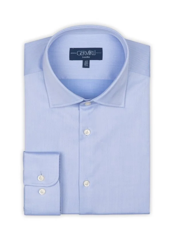 Germirli Non Iron Blue Twill Semi Spread Tailor Fit Shirt - 2