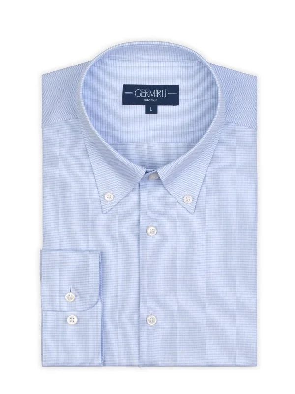 Germirli Non Iron Light Blue White Plaid Button Down Collar Tailor Fit Zero 24 Shirt - 2