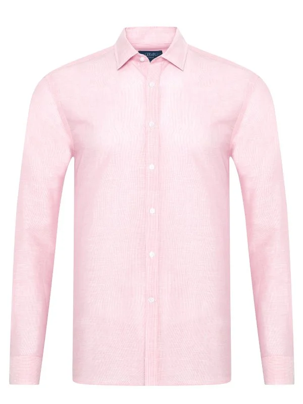 Germirli Pembe Soft Yaka Tailor Fit Pamuk Keten Gömlek - 1