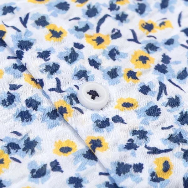 Germirli Sarı Mavi Çiçek Desenli Kısa Kollu Soft Yaka Tailor Fit Seersucker Gömlek - 3