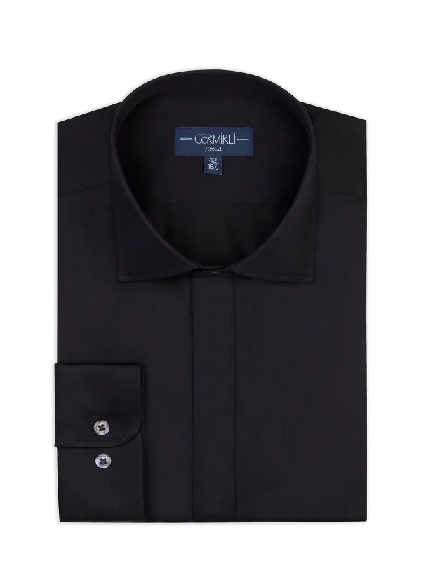 Germirli Siyah Gizli Pat Tailor Fit Klasik Yaka Pamuk Elastan Gömlek - 1