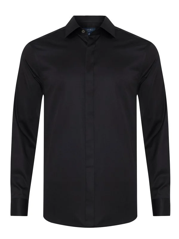 Germirli Siyah Gizli Pat Tailor Fit Klasik Yaka Pamuk Elastan Gömlek - 1