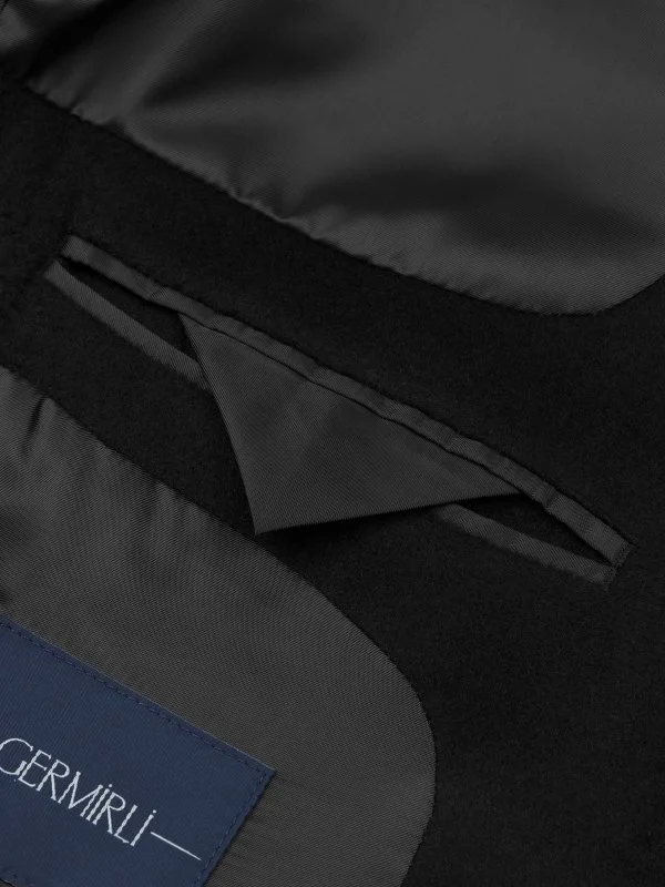 Germirli Siyah Punto Dikişli Yünlü Palto - 6