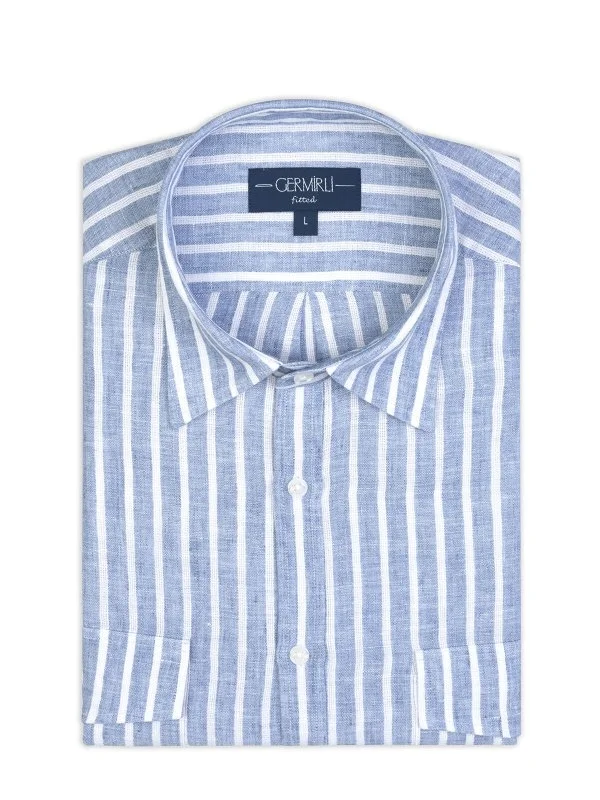 Germirli Soft Yaka Çift Kapak Cepli Tailor Fit İndigo Mavi Beyaz Çizgili Saf Keten Gömlek - 2